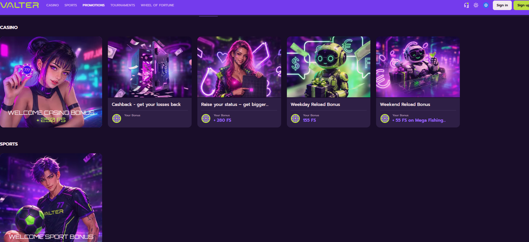 Valter Casino offers and game tiles